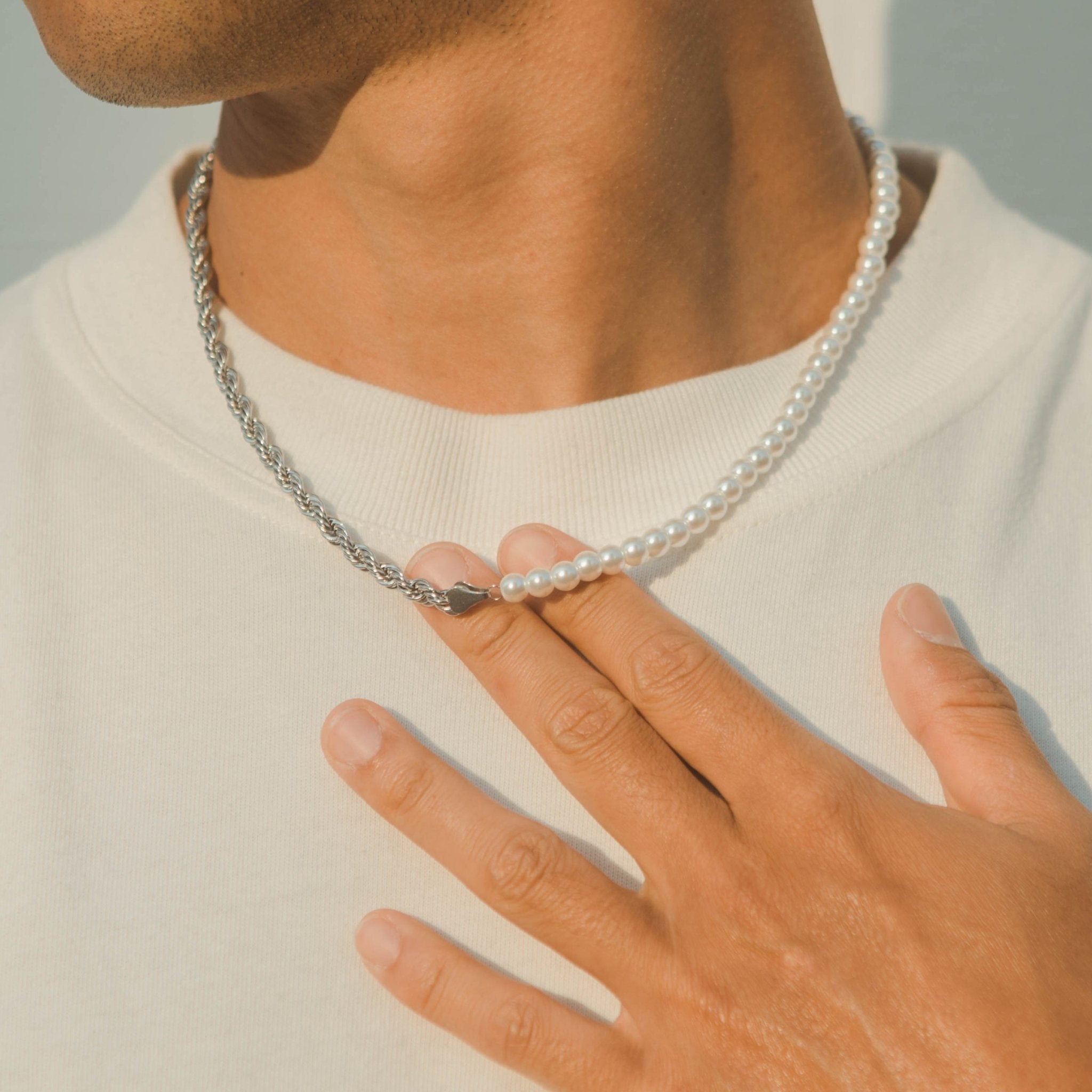 Half Pearl & Rope Necklace - White Gold - Cernucci